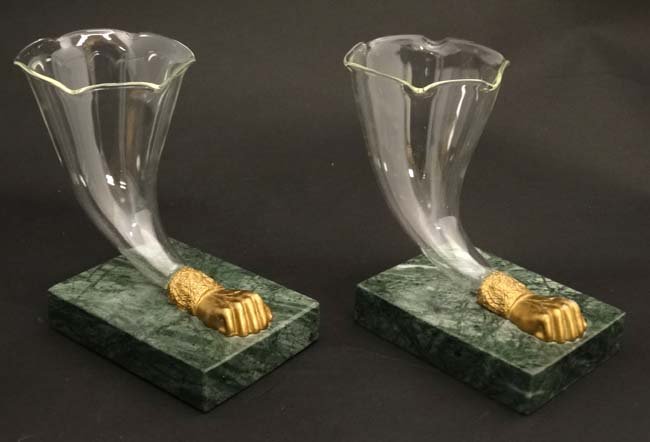 A pair of cornucopia vases / epergnes the glass flues: A pair of cornucopia vases / epergnes the glass flues surmounted by gilded hand and cuff formed mounts on green marble bases. Each approx 5'' high