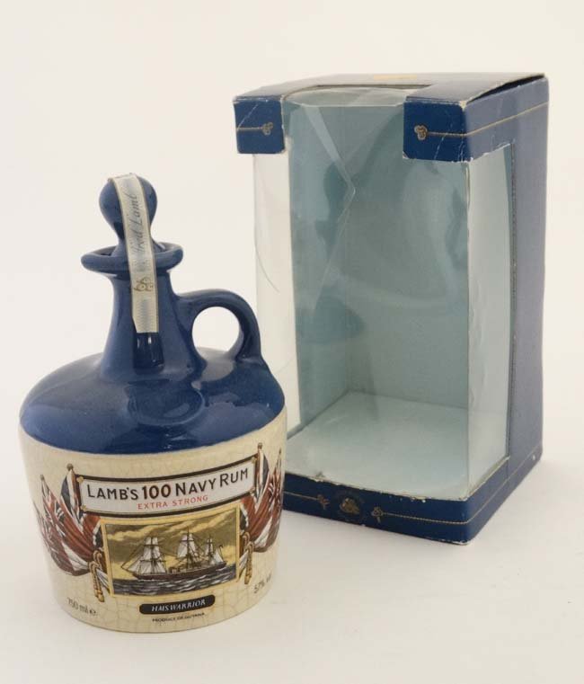 Lambs 100 Navy Rum : a boxed ceramic flask containing: Lambs 100 Navy Rum : a boxed ceramic flask containing 57% 750 ml ' Extra Strong ' Rum ' Produce of Guyana' - boxed