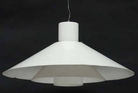 Vintage Retro : a Danish Trapez pendant lamp / light of: Vintage Retro : a Danish Trapez pendant lamp / light of white liveried 3 tier form with burnt orange under possibly designed Christian Hvidt for Nordisk Solar , signed 18 '' diameter.