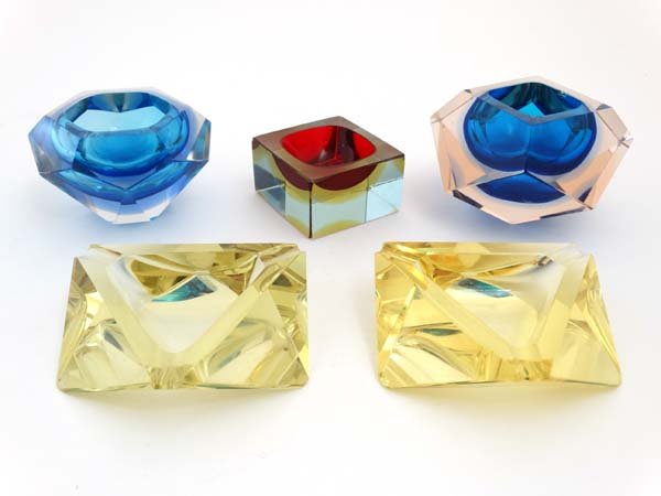 Vintage Retro Glass : 3 various glass pots together: Vintage Retro Glass : 3 various glass pots together with a pair of yellow glass ashtrays. The tallest approx 3 1/4'' high ( 5 )