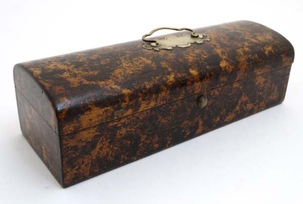 A 19thC semi domed hinged lidded mulberrry wood glove: A 19thC semi domed hinged lidded mulberrry wood glove box with hinged lid. 8 1/8'' long