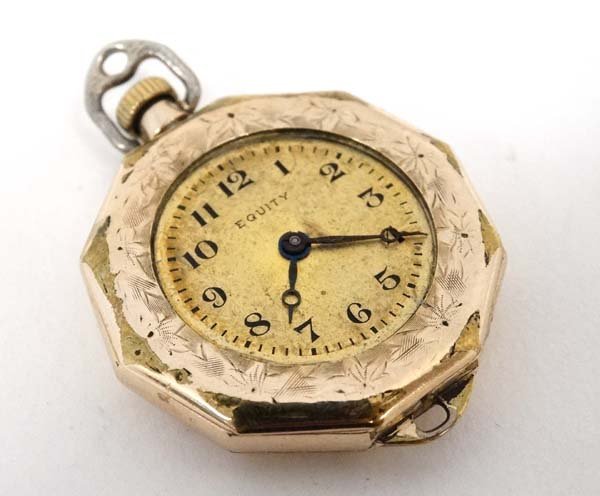 Early Equity Wrist Watch : a converted fob watch with: Early Equity Wrist Watch : a converted fob watch with winder at 12 and lugs at 12 & 6 , gold plated Wadsworth Referee case opening to show Equity Watch Company USA movement no. 22249345 , gilt dial ha