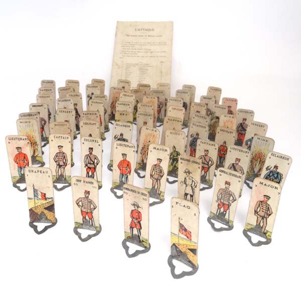 Militaria : An early 20thC strategic board game: Militaria : An early 20thC strategic board game entitled ' L'Attaque ' ( a predecessor of ' Stratego ' ) by H P Gibson & Sons , London E.C. 1 , to include approximately sixty card figures on metal sta