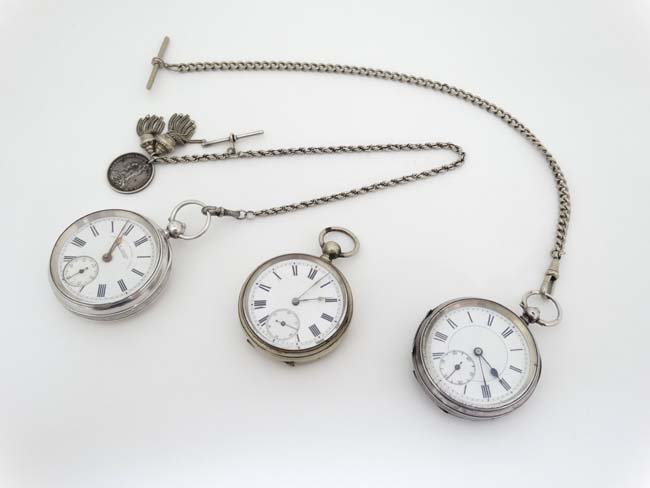 Pocketwatches : a collection of 3 open faced Pocket: Pocketwatches : a collection of 3 open faced Pocket Watches ( two with Albert / Watch chains and silver ) , one Pocket Watch : a key wind Silver Pocketwatch signed to dial ' Non Magnetic ' The Westmin