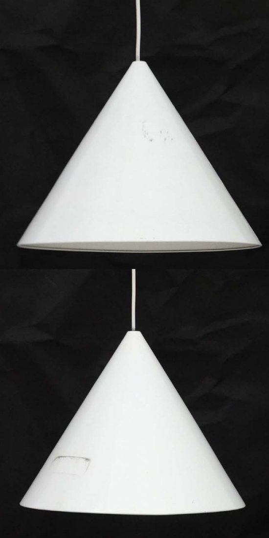 Vintage Retro : a pair of Danish Pendant ' Kegle ': Vintage Retro : a pair of Danish Pendant ' Kegle ' lamps / lights with white livery and made by LYFA by an unspecified designer , each 11 1/4'' x 14 1/4'' diameter