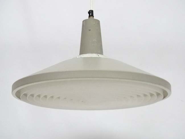 Vintage Retro : a Danish Fyns- Plan Pendant lamp /: Vintage Retro : a Danish Fyns- Plan Pendant lamp / light of grey and white livery with white plastic diffuser under , made by LYFA, signed, 17 1/2'' diameter.