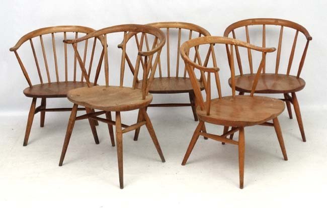 Vintage Retro : Ercol ( 2 x black & 1 x blue ( stamped: Vintage Retro : Ercol ( 2 x black & 1 x blue ( stamped 1960) ) a collection of Windsor fireside ( sometimes known as Cowhorn) chairs number 451 , the tallest 30'' high