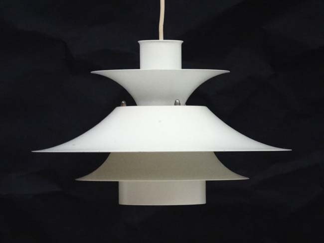 Vintage Retro : a Danish Pendant lamp / light of: Vintage Retro : a Danish Pendant lamp / light of white livery , 5 louvres, Model 4108 made by LYFA , Signed , 12 1/2'' diameter.