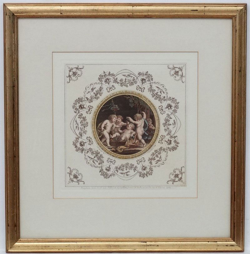 After Francesco Bartolozzi (1727 - 1815) and Giovanni: After Francesco Bartolozzi (1727 - 1815) and Giovanni Battista Cipriani (1727- 1785), Restrike coloured engraving, Bacchanal with five Putti published in 1782 by Michelangelo Pergolesi (fl 1760 - 1801