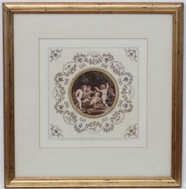 After Francesco Bartolozzi (1727 - 1815) and Giovanni: After Francesco Bartolozzi (1727 - 1815) and Giovanni Battista Cipriani (1727- 1785), Restrike coloured engraving, Bacchanal with five Putti published in 1782 by Michelangelo Pergolesi (fl 1760 - 1801