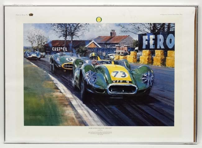 Motor Racing : After Nicholas Watts XX Limited edition: Motor Racing : After Nicholas Watts XX Limited edition Coloured Print ' Archie And The Lister Jaguar - A Dedication ' Published by Sporting Bears 23 x 32 3/4''