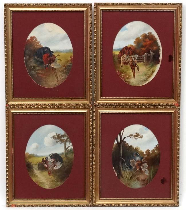 Gun Dogs : John Hardwicke Lewis (1840-1927), Oil on: Gun Dogs : John Hardwicke Lewis (1840-1927), Oil on board , set of four ovals, Spaniel holding a Hen Pheasant, Spaniel holding a Woodcock, Black Labrador holding a cock pheasant, Spaniel holding an En