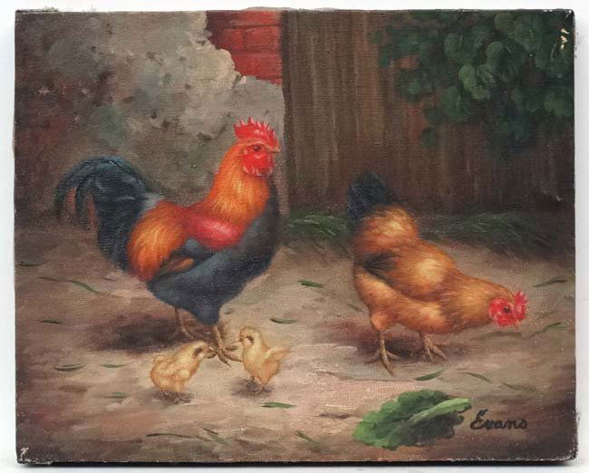 Evans after Edgar Hunt XX, Oil on canvas, Cockeral, hen: Evans after Edgar Hunt XX, Oil on canvas, Cockeral, hen and chicks in a farmyard, Signed lower right. 8 x 10''