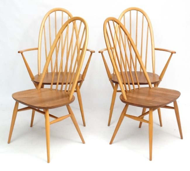 Vintage Retro :A British Ercol Gold label set of four: Vintage Retro :A British Ercol Gold label set of four (2+2) Ercol Windsor dining chairs , a pair of Windsor Quaker Carver Dining Chairs no. 365a & Quaker dining chairs 365 in blonde colourway and elm