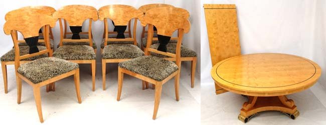 Mid Century: An Impressive Biedermeier style extending: Mid Century: An Impressive Biedermeier style extending circular pedestal table & 10 matching chairs all in satinwood and gilt decoration, the chair also upholstered in faux leopard skin with gathered 