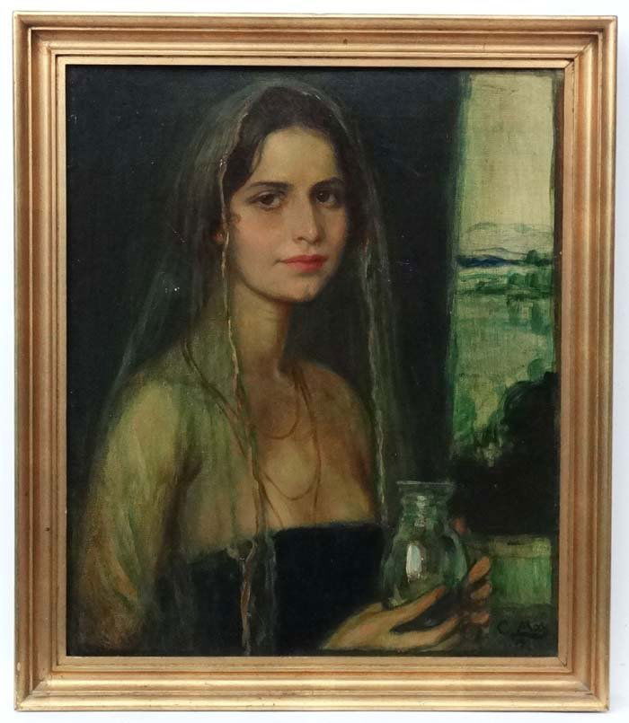 Corneille Max (1875-1924) German, Oil on canvas, Lady: Corneille Max (1875-1924) German, Oil on canvas, Lady wearing a diaphanous head scarf...., Signed and dated '1922' lower right, 23 3/4 x 20''.