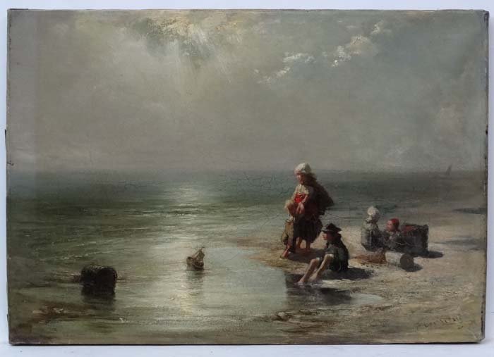 Ferdinand Carl Sierig (1839-1905) Dutch, Oil on: Ferdinand Carl Sierig (1839-1905) Dutch, Oil on canvas, ''The Toy Boat'', The fisherman's children playing on the shore, Signed lower right, titled verso, 15 5/8 x 22 1/2'', Arthur Tooth and Sons, Lon