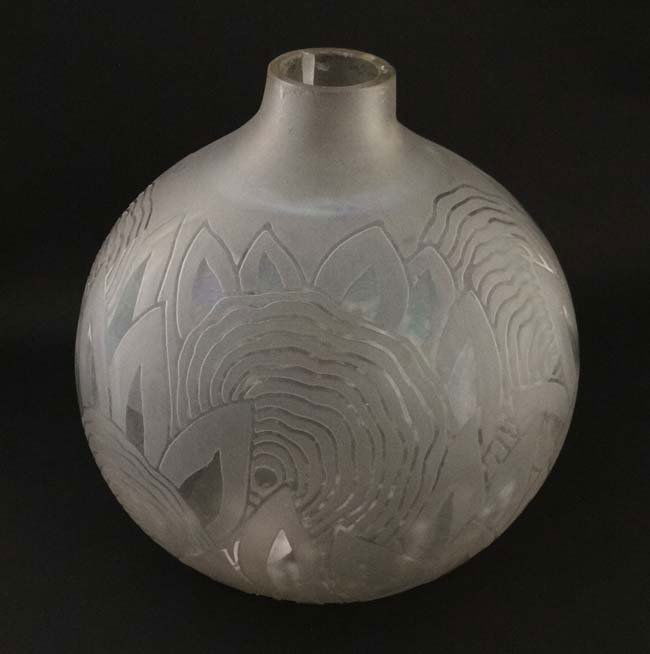 Art Deco : Jean Boris Lacroix (1902-1984, French ) , a: Art Deco : Jean Boris Lacroix (1902-1984, French ) , a rare Modernist acid etched and frosted spherical glass vase , signed and marked under ' Grave Pour Madame Guy no. 67 , 1927 ' , standing 10 1/2''