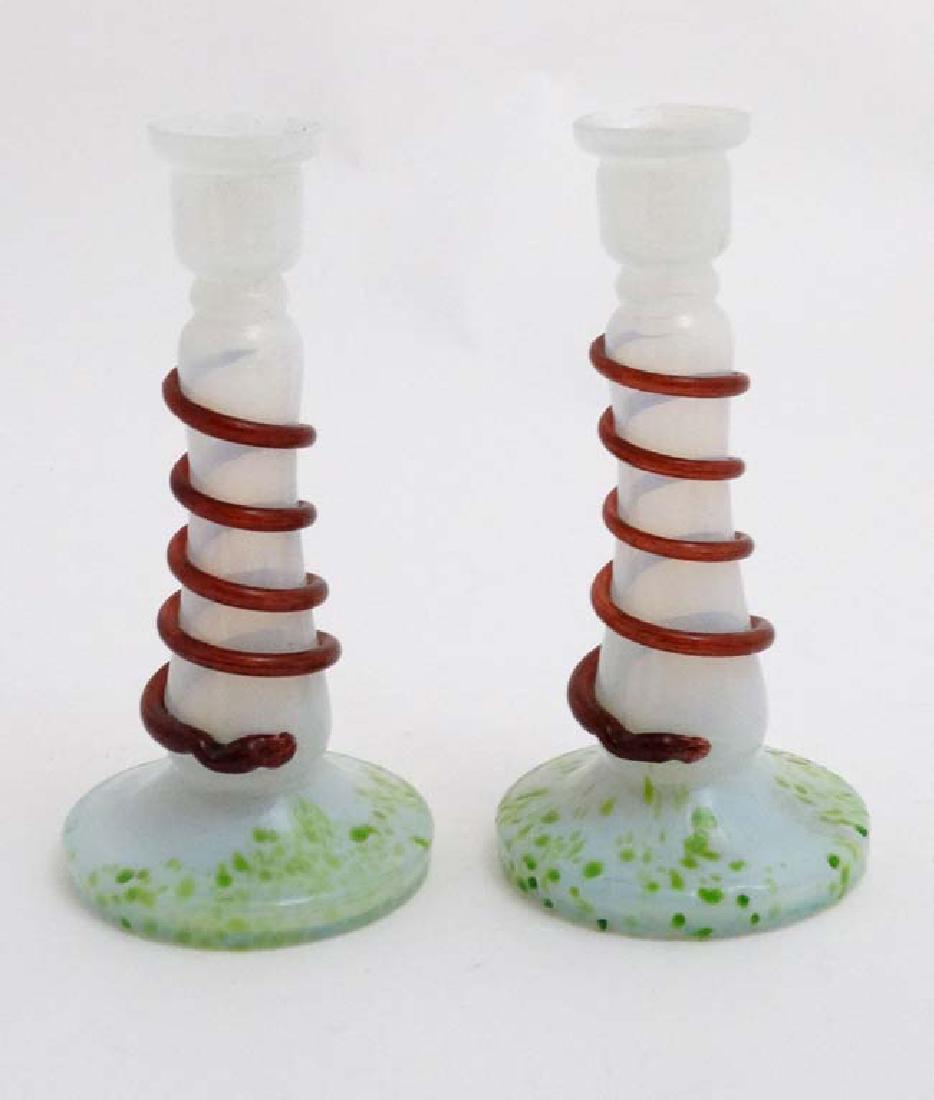 A pair of vaseline style glass candlesticks with green (1 of 5)