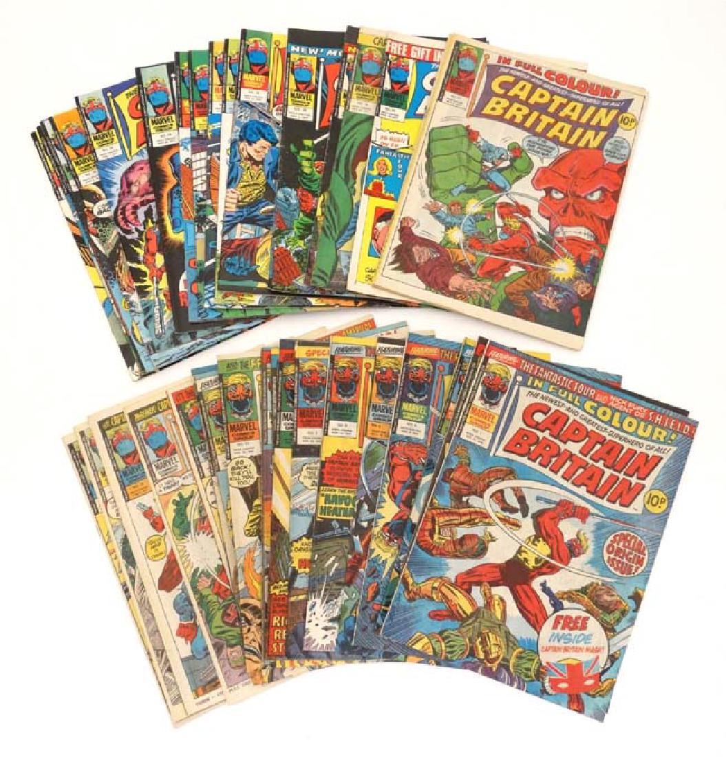 Comic Books: A collection of 39 Marvel Comics Group: Comic Books: A collection of 39 Marvel Comics Group 1976/1977 '' Captain Britain '' magazines, to include issue numbers 1 to 39, written by Gary Friedrich. (39)