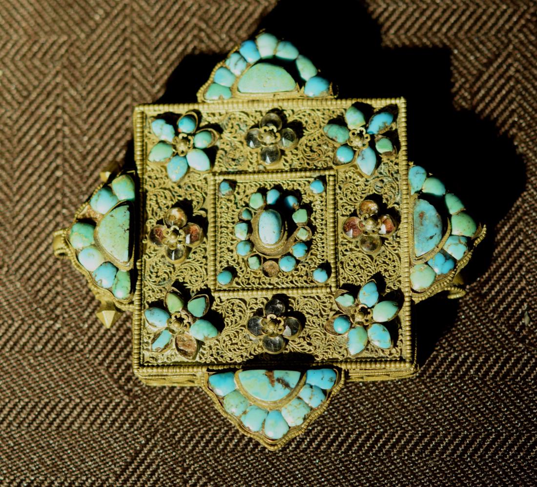 Tibet Nepal Silver Pedant with Turquois and Jewel Inlay: 19/20th cen, with semi precious stone inlay, measures 3.5" by 3.5"