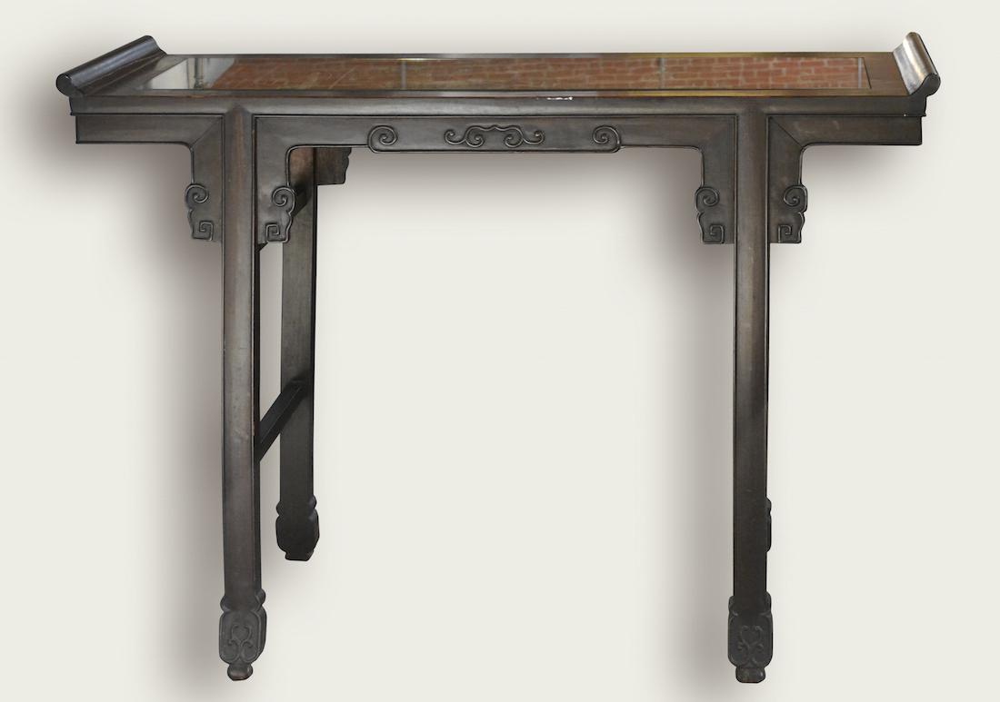 Chinese Rosewood Altar Table with Soapstone Inlays: 19/20th cen; Provenace: from a Southern Florida Estate, measures 43"w 31"h 12"d
