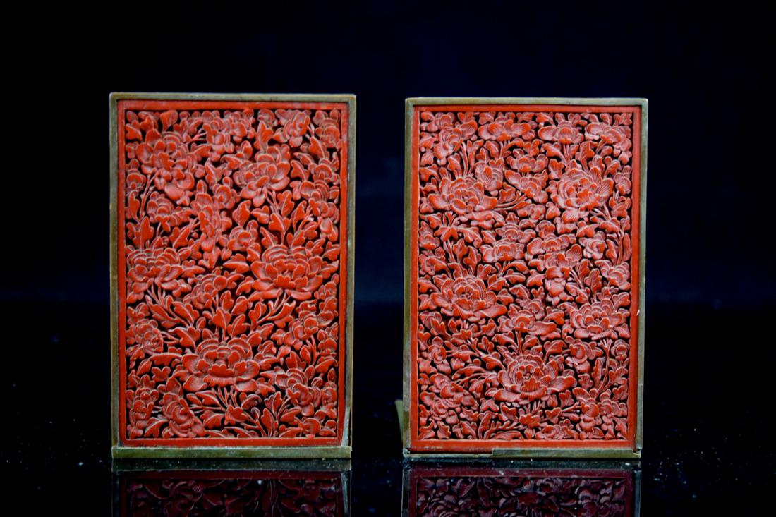 Pair Chinese Cinnebar Lacquer Bookends (1 of 5)
