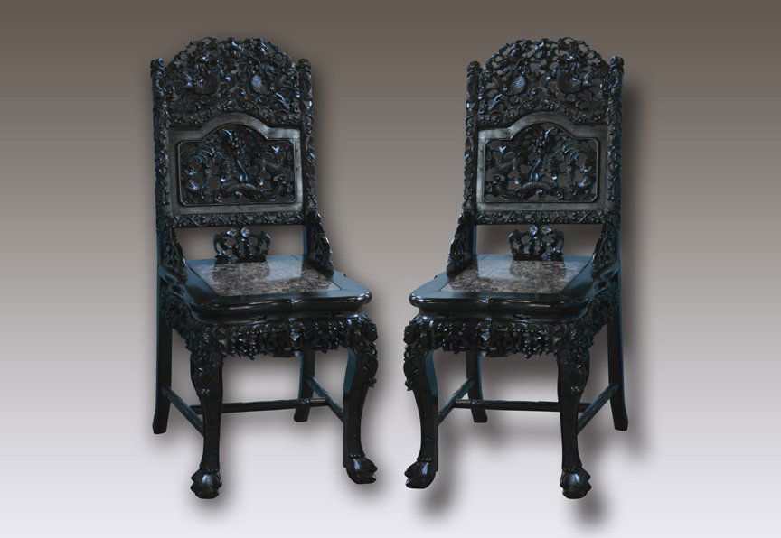 Pair Chinese roswood chairs with dragon motif (1 of 8)