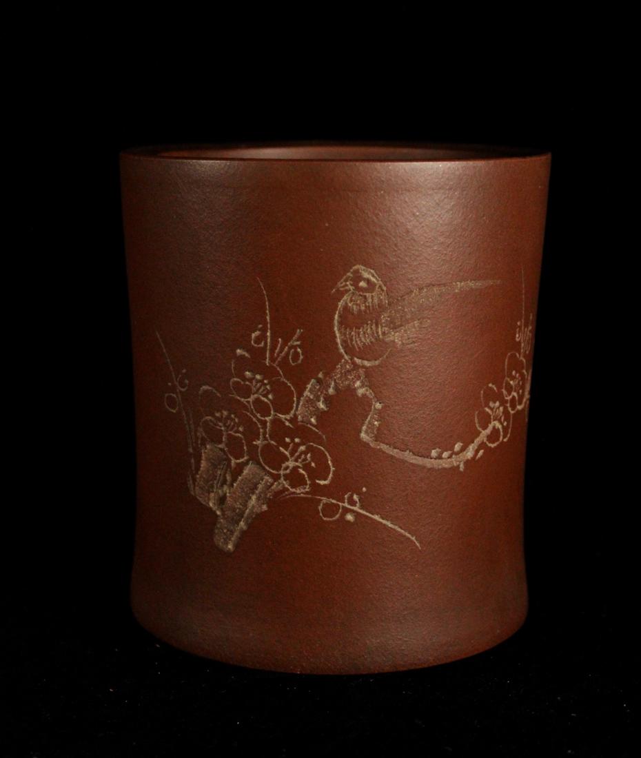Chinese Yixin Clay Brushpot - Bird Scene (1 of 8)