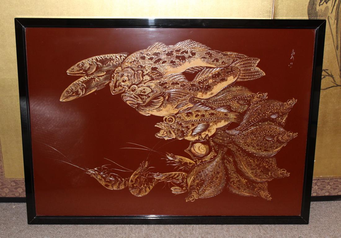 Japanese Carved Lacquer Panel with Fish Scene - (1 of 9)