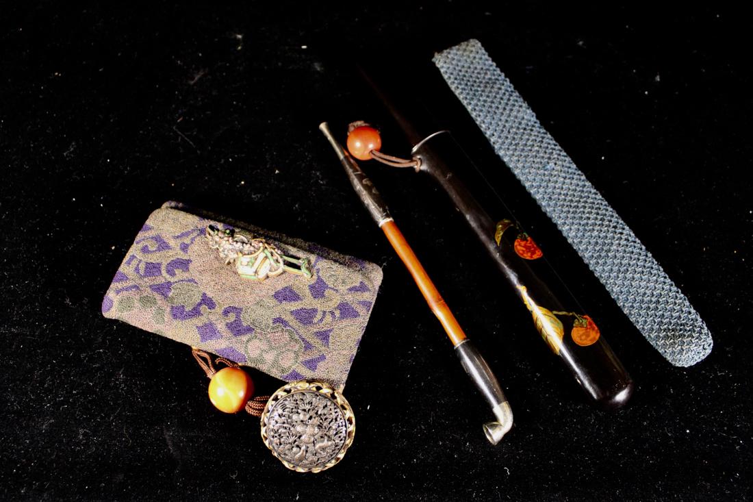 Japanese Tobacco Pipe and Pouch Set - Enamle and 20K: 19th cen, meiji period, one of the finest we handled, mixed metal pipe with tiger motif, 20k gold fitting on interior pouch where lace tie to, enamled figtting exterior, lacquered case painted with fr