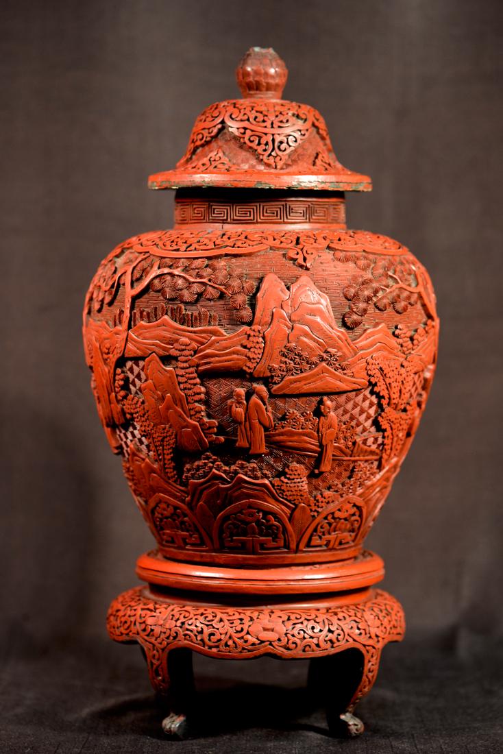 Chinese Cinnebar Covered Vase on Stand (1 of 8)