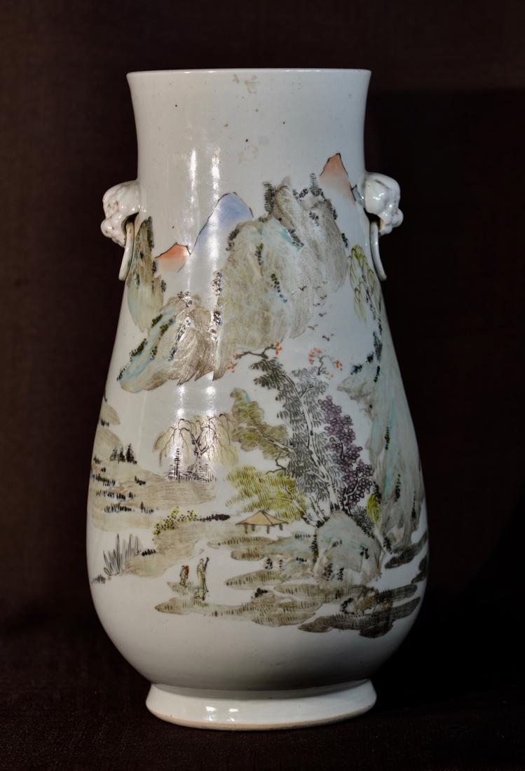 Chinese Porcelain Vase with Foolion Mask - Landscape: 20th cen, unsigned, with foolion mask handle at each side, landscape painting, measures 16" in height