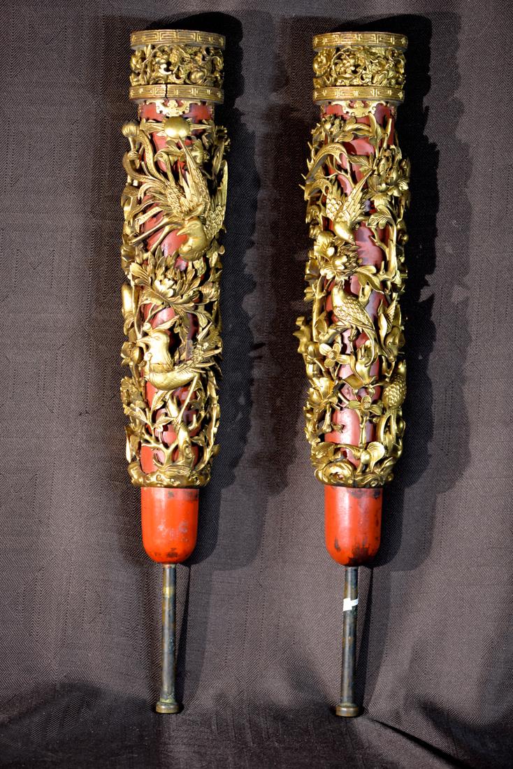 Pair Chinese Carved Wood Candle Holder (1 of 6)