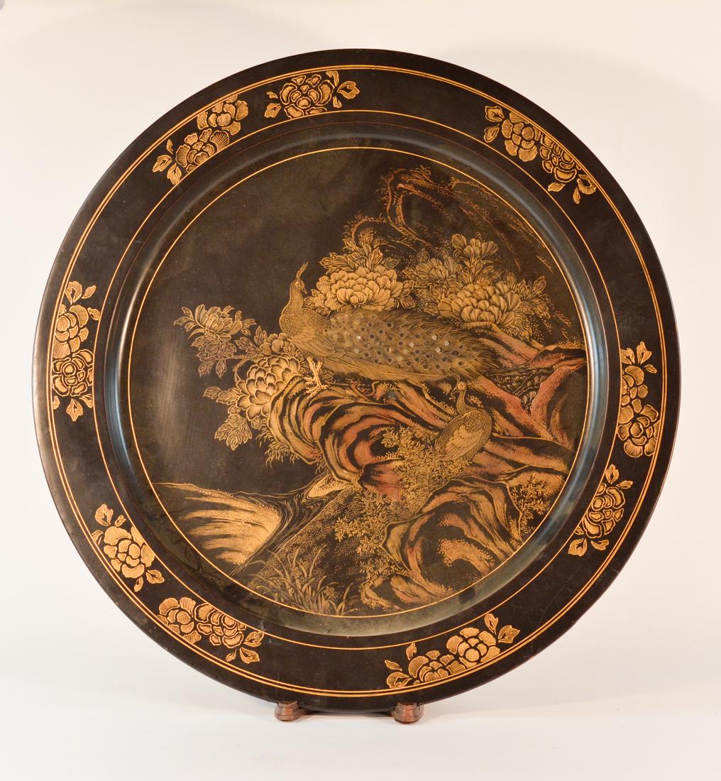 Large Chinese Black Lacquered Charger with Gilt (1 of 8)