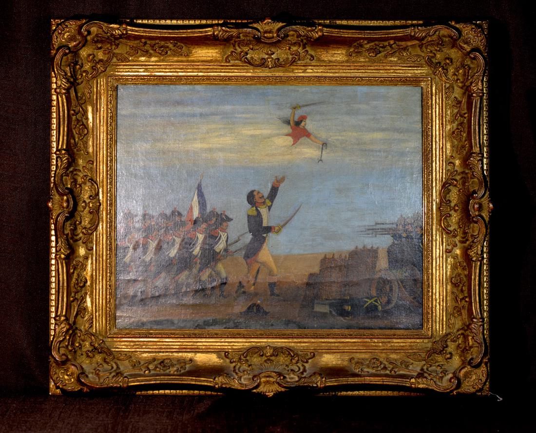 Antique Oil Painting on Canvas - French Soldier Scene: 19th cen or earlier, on canvas, measures 19" wide by 15" tall for the image area; Provenace: from a New Haven, Ct Estate