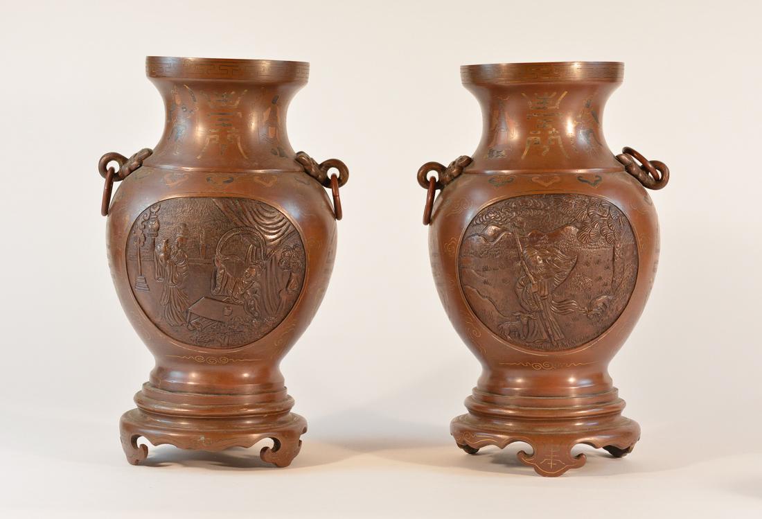 Pair Chinese Bronze Vase with Silver Wire Inlay (1 of 12)