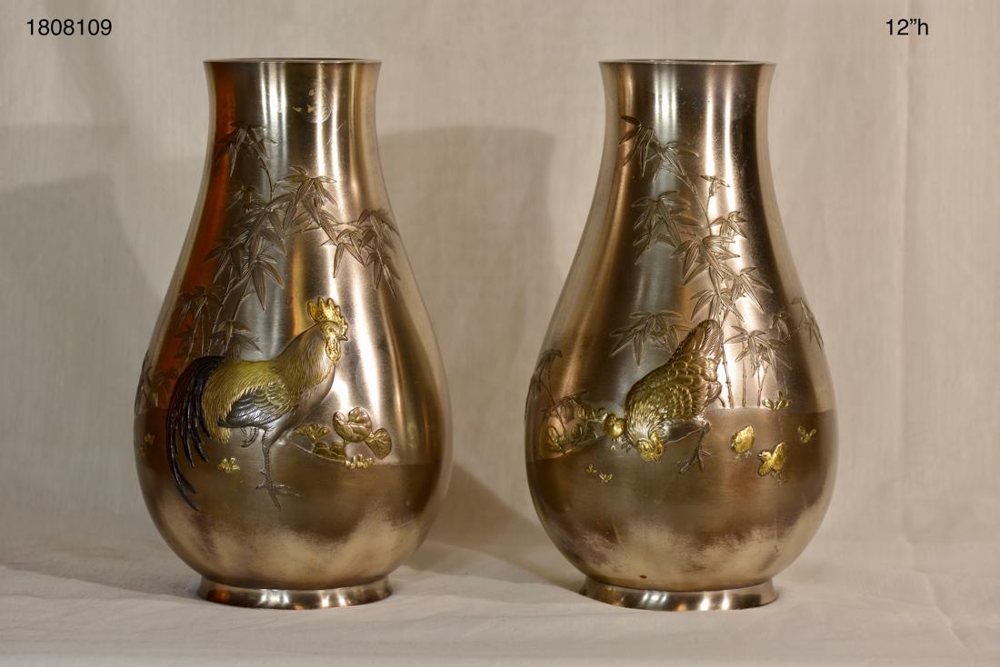 Pair Japanese Silver and Mixed Metal Vase with Roosters (1 of 8)