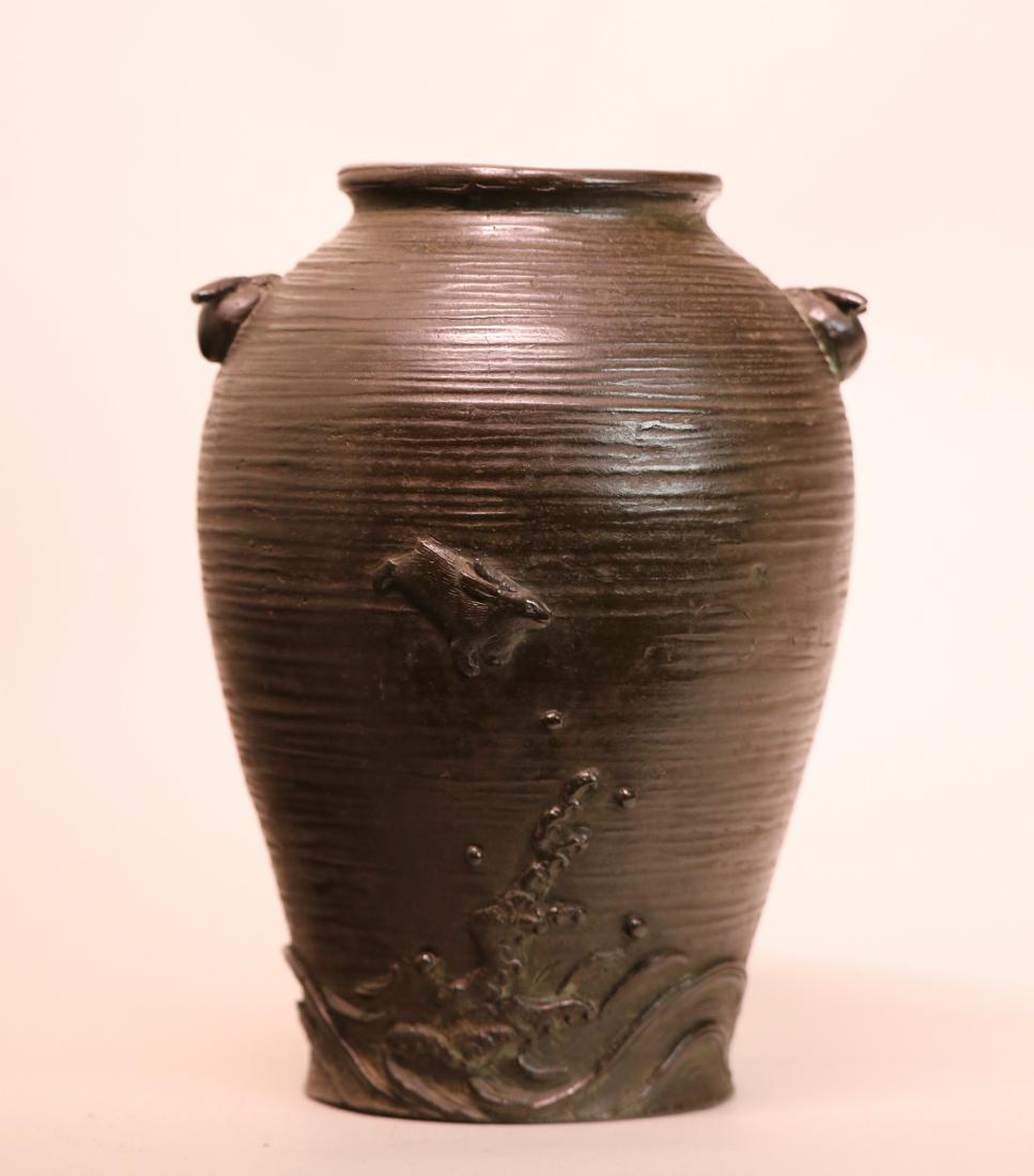 Japanese Bronze Vase with Rabbits: meiji period, rabbits motif, measures 8.5" ht, unsigned