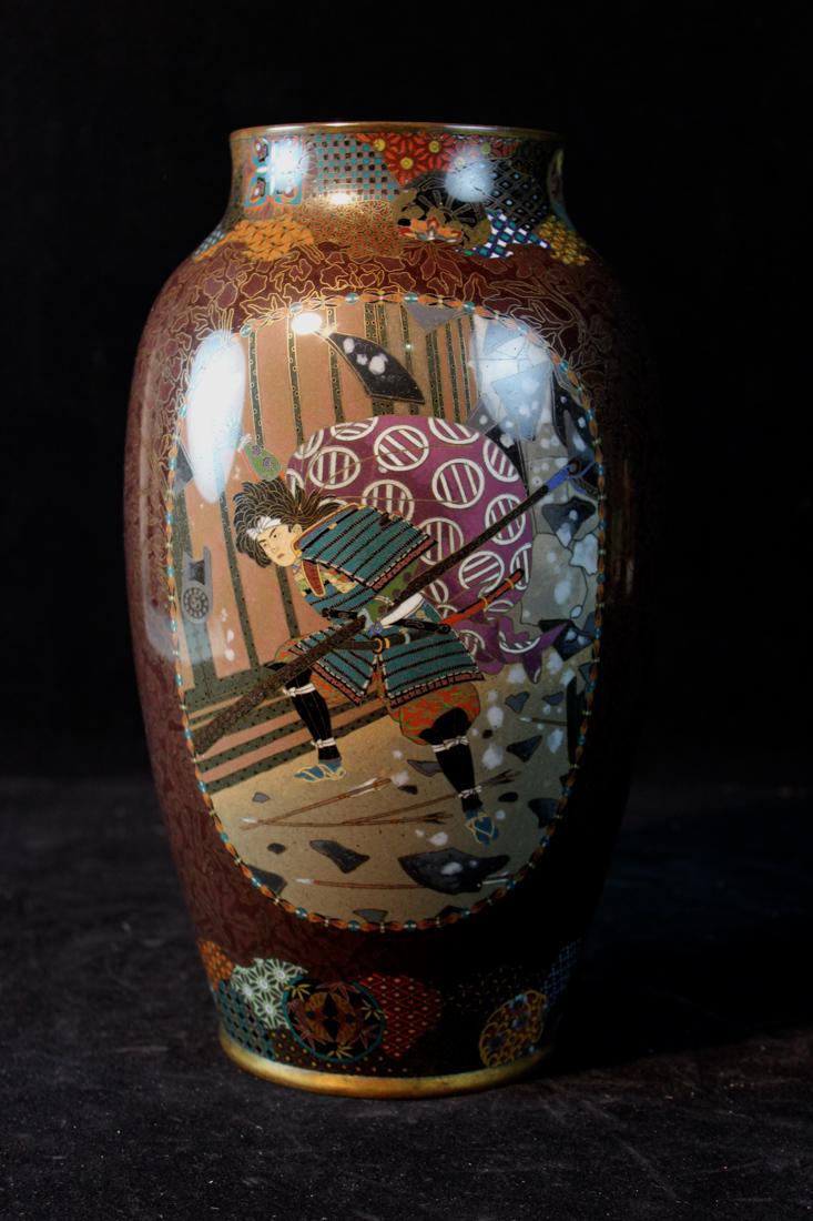 Japanese Cloisonne Vase with Samurai Scene: 19th cen, meiji period, measures 12" in height