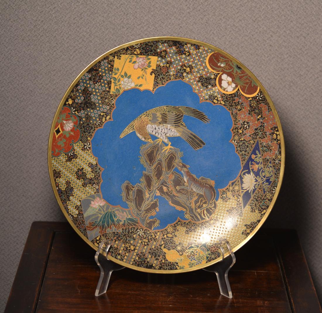 Japanese Cloisonne Charger with Hawk Scene: 19th cen, meiji period, measures 11.5" in diameter