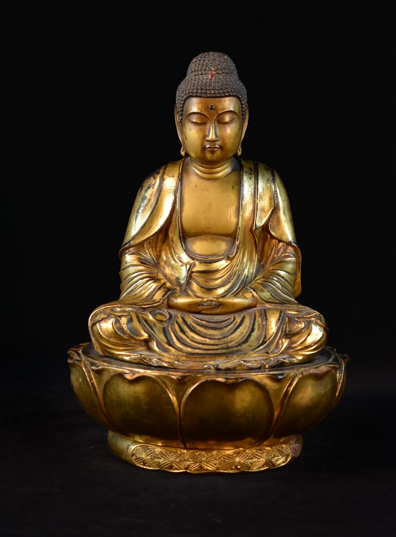 Japanese Gilt Lacquered Wood Buddha on Wide Lotus Base: Edo Period, measures 15"h