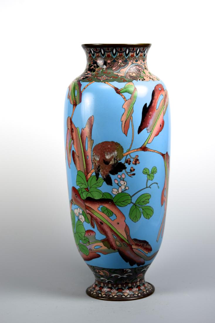 Japanese Cloisonne Vase with Butterfly and Leaf Scene: 19th cen, meiji period, measures 16" in height; Provenace: from a Upstate New York Collection