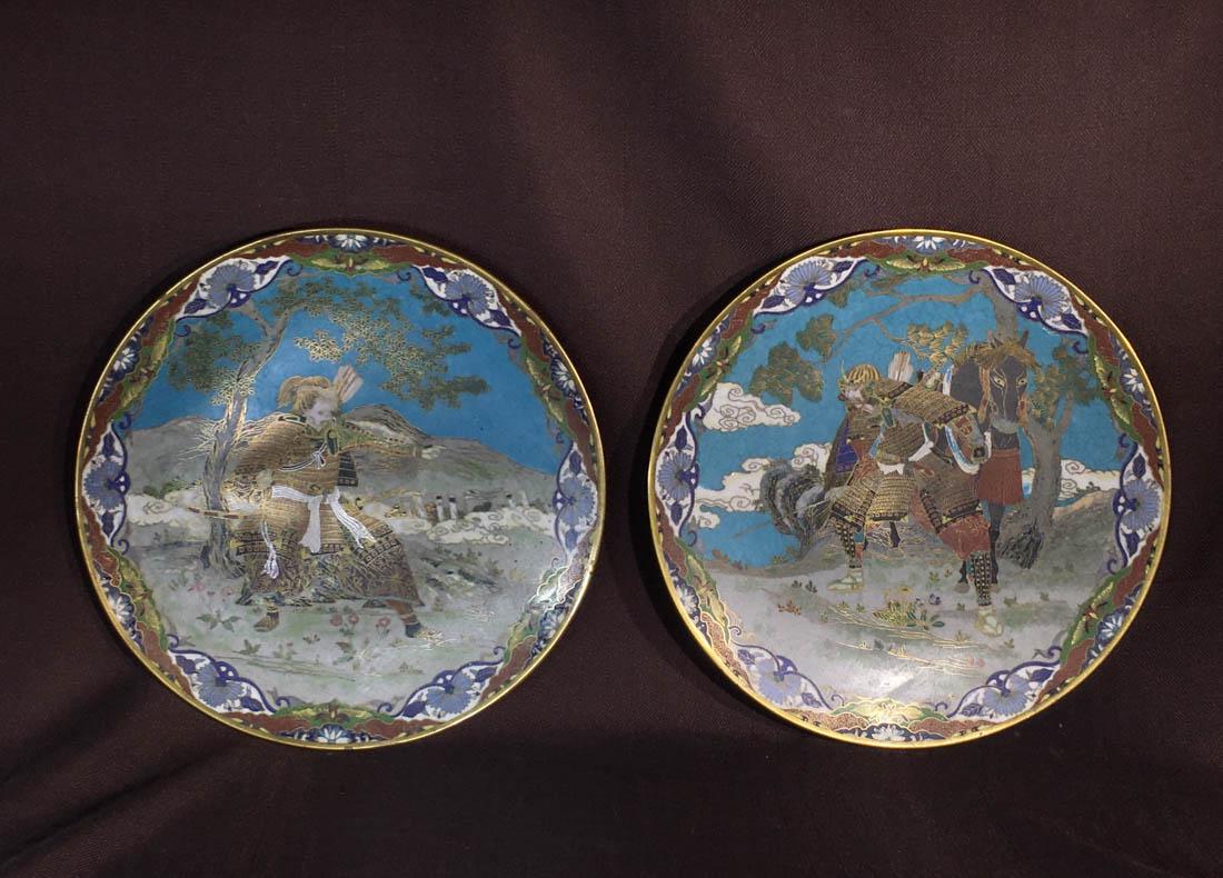 Pair Japanese Cloisonne Plaques - Samurai: 19th cen, meiji period, stunning pair of japanese cloisonne plaque with samurai scene, 12"dia