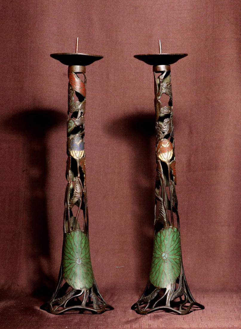 Pair Cloisonne Candle Holder with Lotus Motif - Albert: Provenace: Property of Albert Gallatin, New York; 19th cen, measures 19.5" in height
