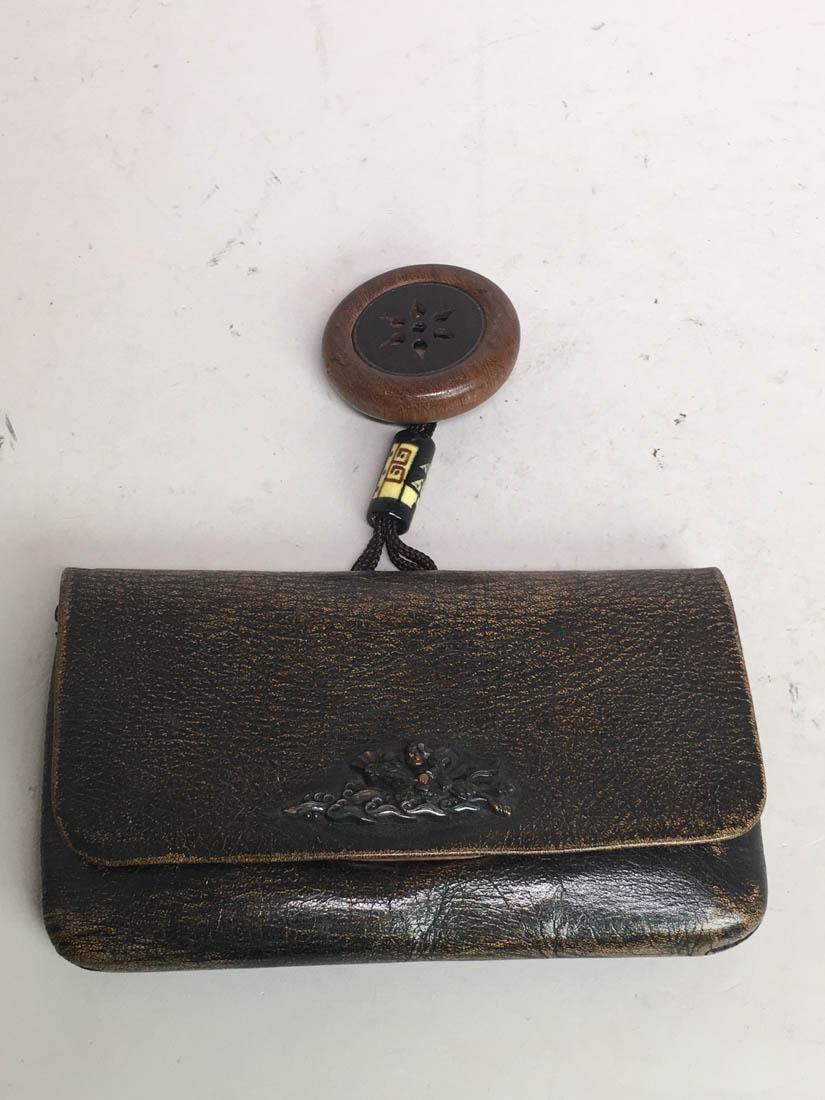 Japanese Mixed Metal Leather Tobacco Pouch: 5" by 3", japanese leather tobacco pouch with mixed metal samurai dÃ©cor, meiji period