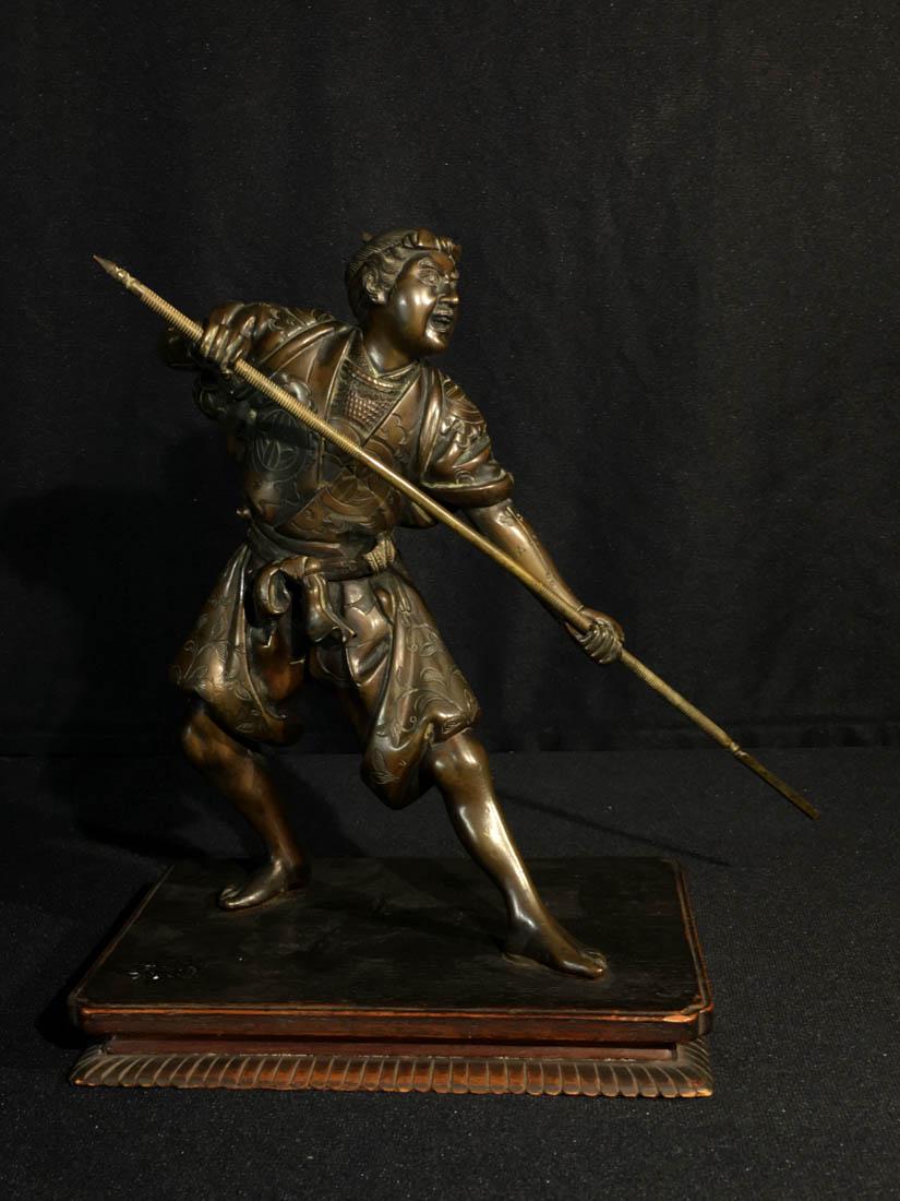Japanese Bronze Samurai on Stand: 19th cen, meiji period, fine japanese bronze samurai on rosewood stand, fine detail and casting, 10"HT