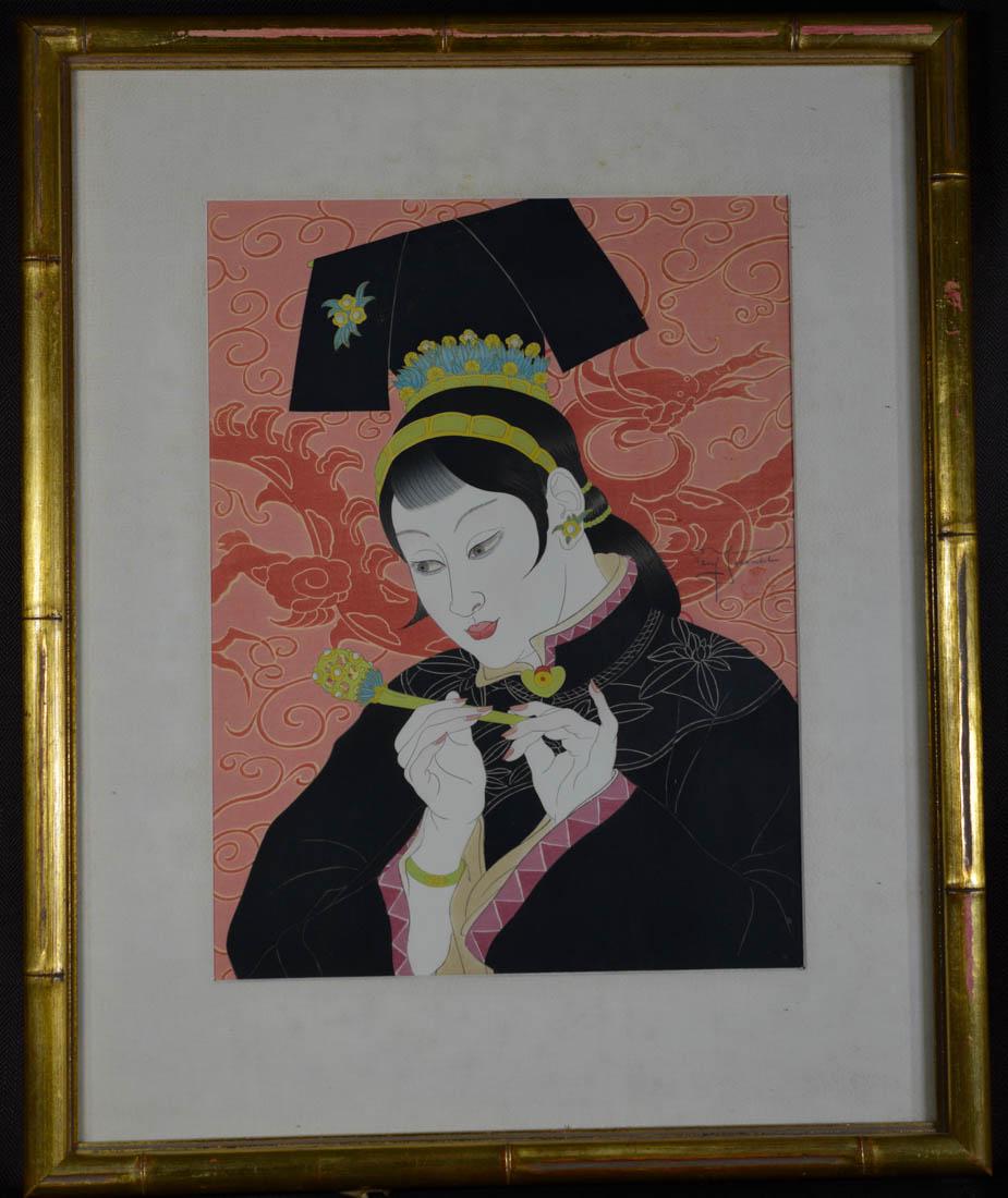 Japanese Wood Block Print - Paul Jacoulet: 20th cen, by Paul Jacoulet (1896 - 1960), Chinese Qing Court Women, 11" by 15" visible image