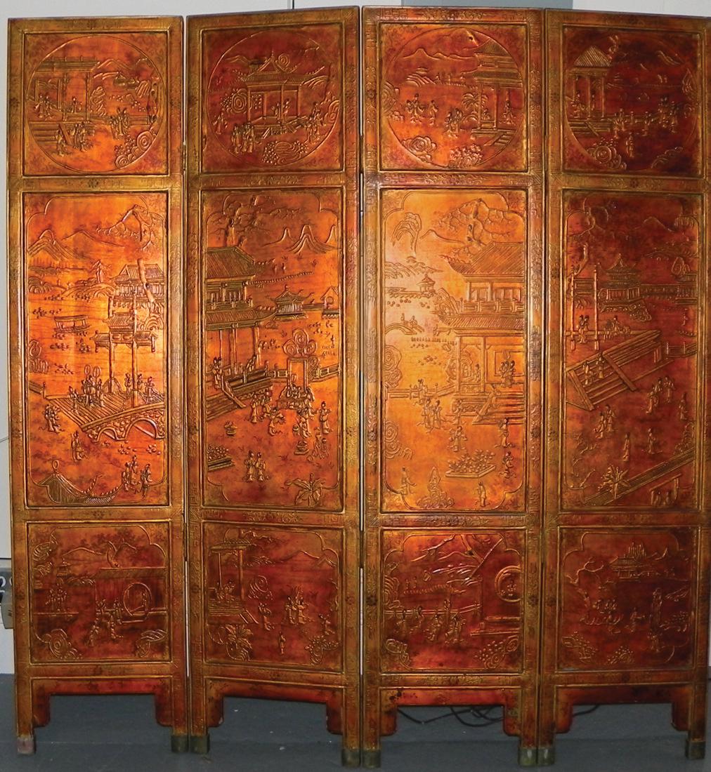 Rare Chinese 18th cen Gold Lacquered Floor Screen: 18th cen rare Chinese floor screen depicting various figurals in garden activity, done in bronzed gold lacquer of moriage raised technique, brass fitted foot. Measures 68"h, 64"w. Provenance: From a N