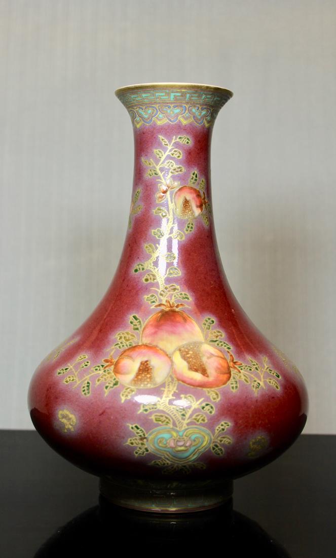 Chinese Oxblood Vase with Famille Rose Fruits - Albert: Provenace: Albert Gallatin Estate of New York; 19th cen, measures 9.6" in height